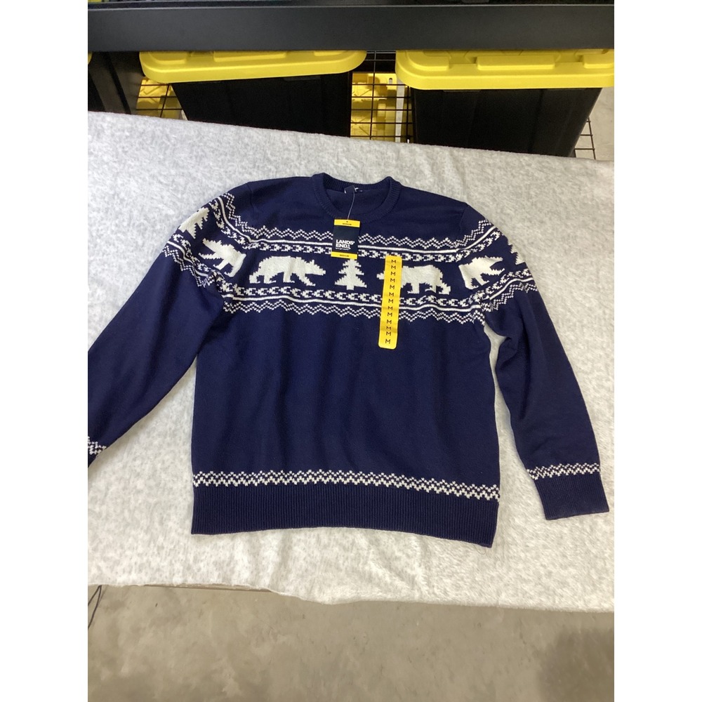 Lands End Mens Fair Isle Sweater Navy Blue Polar Bear Winter Knit Medium NEW